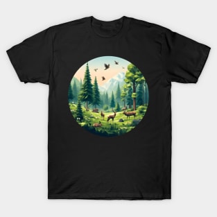 Spring Forest Low Poly Deer and Birds T-Shirt